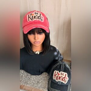 Be Kind Embroidered Caps in Coral and Black